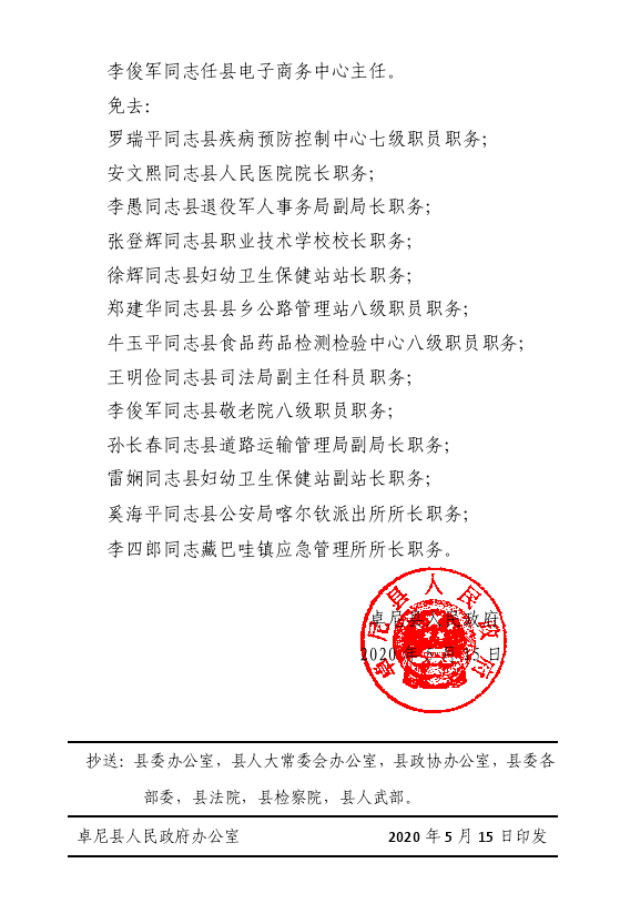 卓尼县人民政府关于雷娴等同志职务任免的通知(卓政任[2020]4号)